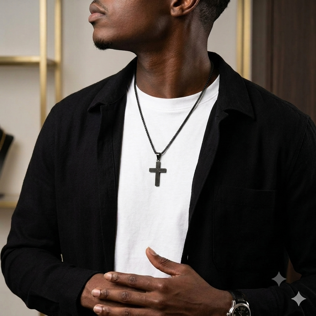 Collier Croix Notre Père noir